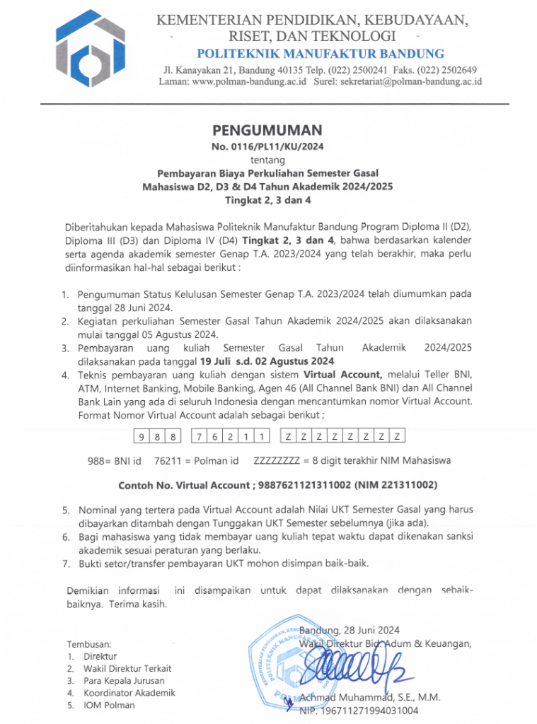 Pembayaran Biaya Perkuliahan Semester Gasal Mahasiswa D2,D3 & D4 Tahun ...